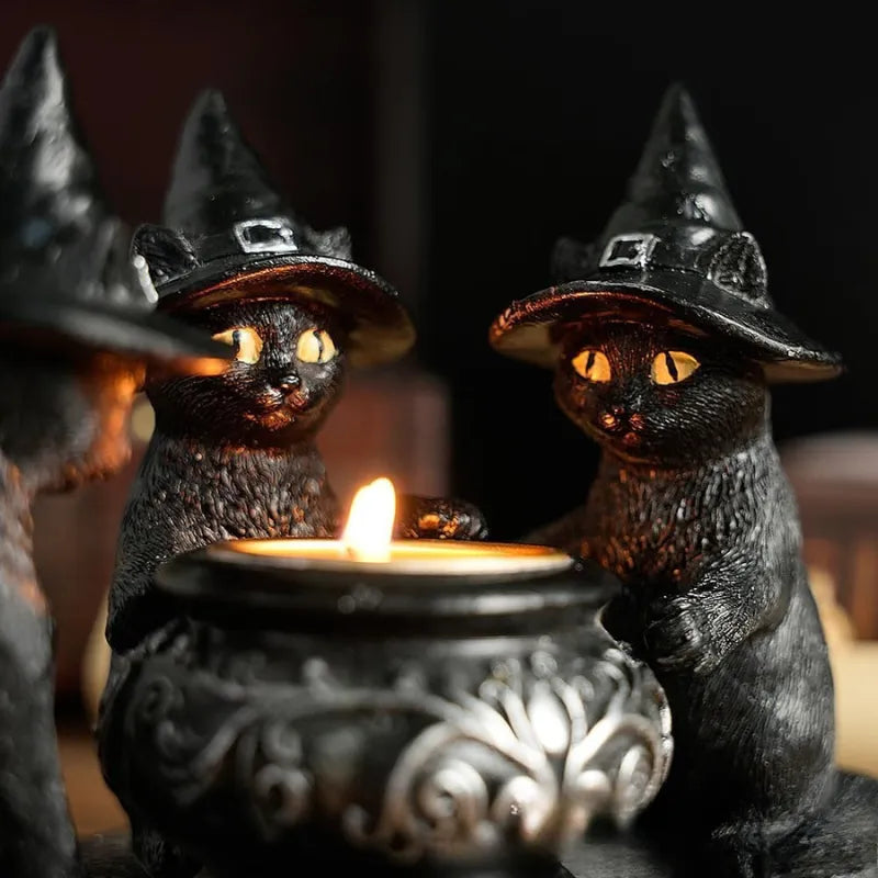 Halloween Cat Candlestick Holders Statue
